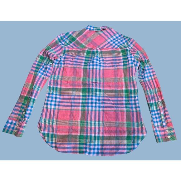 J. Crew Madras Plaid Button Up Long Sleeve Blouse Top Shirt Sz 6 Pink Preppy FUN - Picture 2 of 8